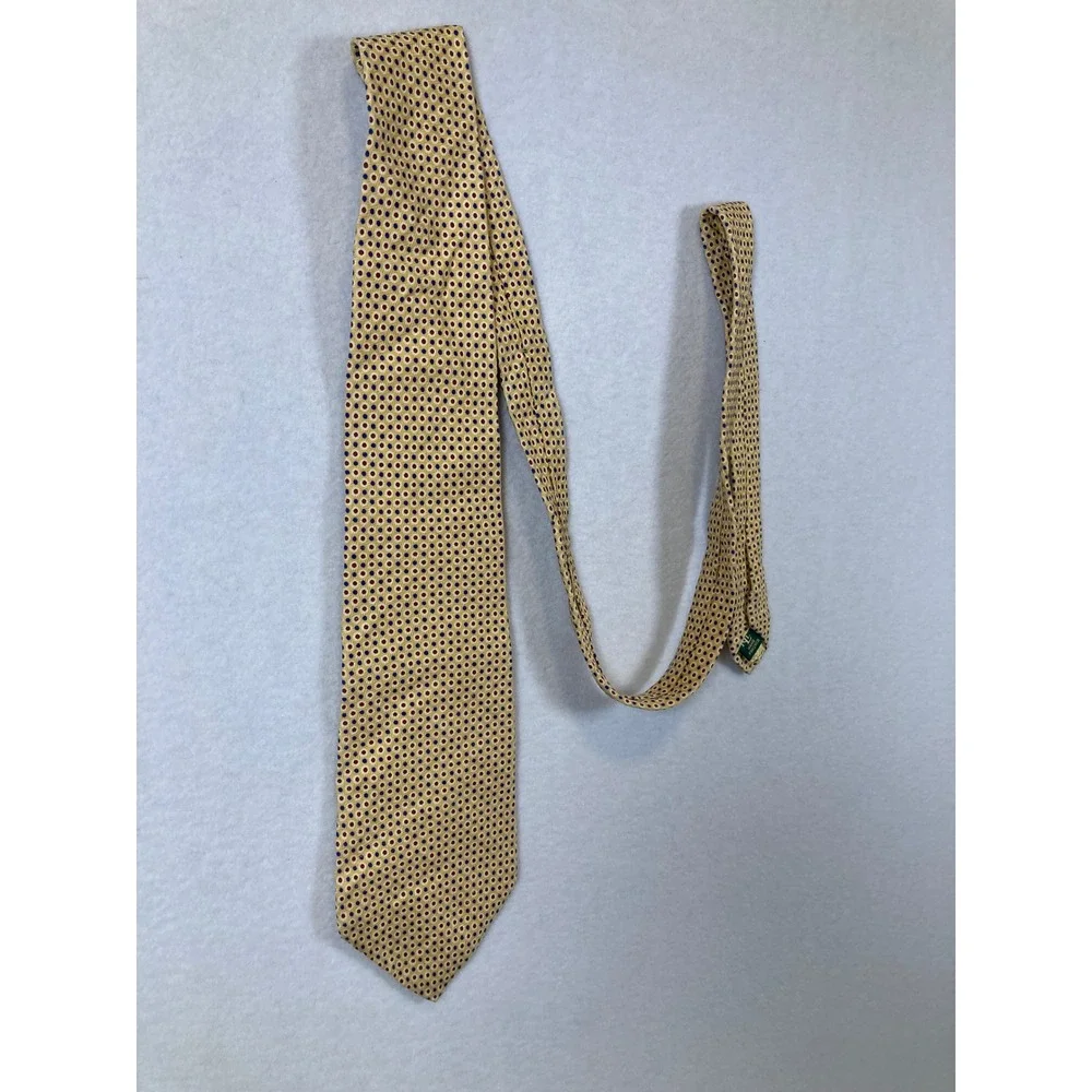 Preppy Lauren Ralph Lauren Mens‎ OS Gold Blue Geometric Dot 100% Silk Necktie